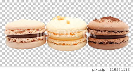 French Macaroons in Three Flavors On Isolated Background. Delicious Pastry 119851158