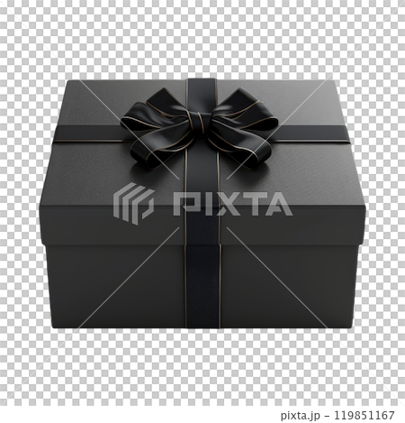 Black Elegant Gift Box with Ribbon. Luxury Gift Box Wrapped with Black Bow On Isolated Background 119851167