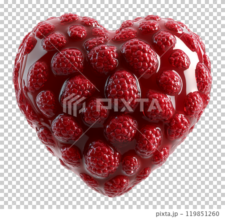 A heart-shaped arrangement of raspberries, glistening with juice, symbolizes love, passion, and sweetness. 119851260