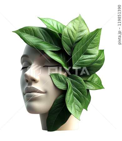 A 3D portrait of a woman's face adorned with lush green leaves, creating a serene and ethereal scene. 119851390