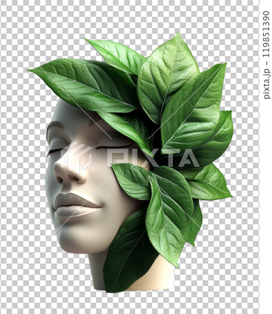 A 3D portrait of a woman's face adorned with lush green leaves, creating a serene and ethereal scene. 119851390