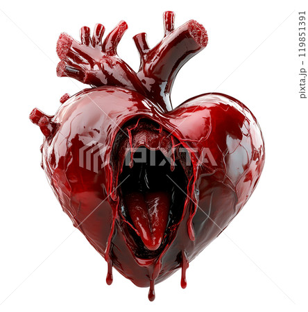 A 3D heart, with an open mouth and red liquid dripping from its interior, is isolated on a transparent background. A 3D heart, with an open mouth and red liquid dripping from its interior, is isolated on a transparent background. 119851391