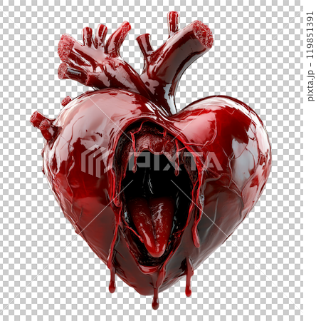 A 3D heart, with an open mouth and red liquid dripping from its interior, is isolated on a transparent background. A 3D heart, with an open mouth and red liquid dripping from its interior, is isolated on a transparent background. 119851391