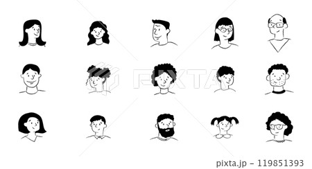 A set of hand drawn human faces. Men, women and children doodle avatars. A collection of ink sketches of different people. A set of hand drawn human faces. Men, women and children doodle avatars. A collection of ink sketches of different people. 119851393