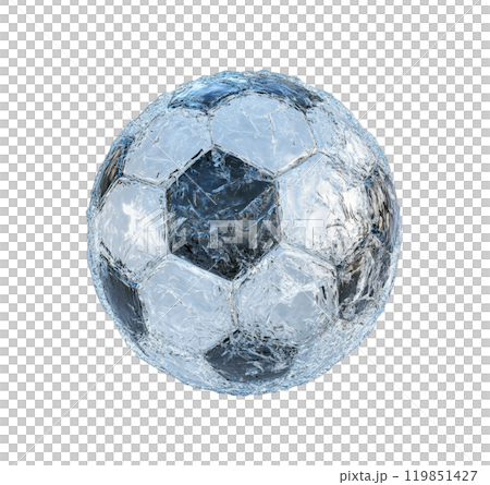 A soccer ball is frozen solid, its surface covered in icy crystals, isolated on a transparent background. A soccer ball is frozen solid, its surface covered in icy crystals, isolated on a transparent background. 119851427
