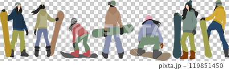 Illustration set of a woman snowboarding on a snowy mountain in winter 119851450