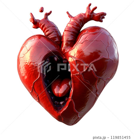A surreal, anatomically correct heart with a gaping cavity, symbolizing the vulnerability and fragility of human emotions. 119851455