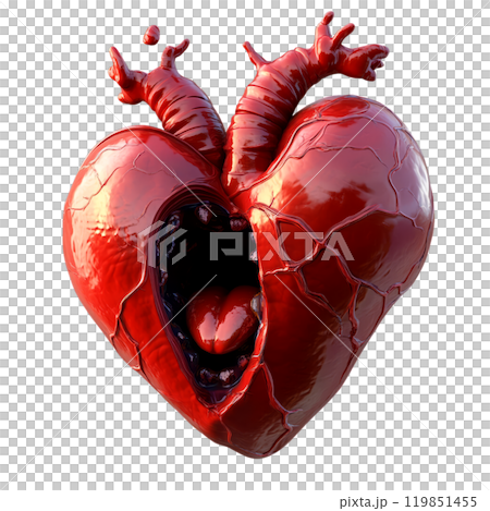 A surreal, anatomically correct heart with a gaping cavity, symbolizing the vulnerability and fragility of human emotions. 119851455