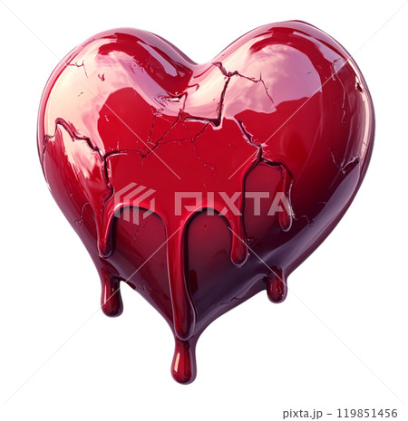 A heart-shaped object, rendered in a glossy red finish, is depicted with cracks and melting edges, suggesting a broken or wounded state. 119851456