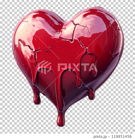 A heart-shaped object, rendered in a glossy red finish, is depicted with cracks and melting edges, suggesting a broken or wounded state. 119851456