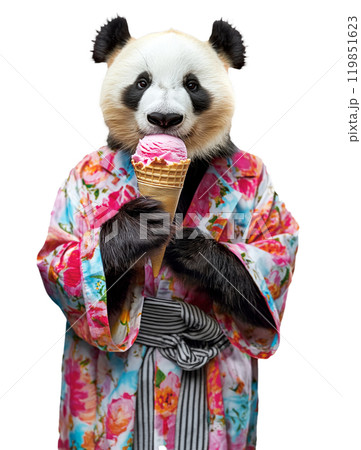 A playful panda, wearing a colorful kimono, enjoys a refreshing ice cream cone. 119851623