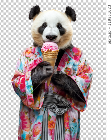 A playful panda, wearing a colorful kimono, enjoys a refreshing ice cream cone. 119851623