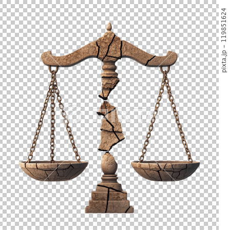 Old, broken scales of justice, with a stone texture, are isolated on a transparent background. 119851624