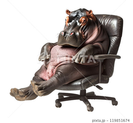 A hefty hippopotamus sits comfortably in a leather office chair. 119851674