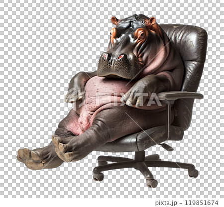 A hefty hippopotamus sits comfortably in a leather office chair. 119851674