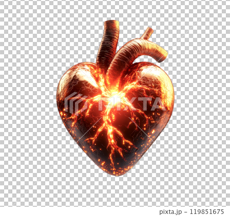 A fiery heart, radiating intense energy and passion, pulsates with life. A fiery heart, radiating intense energy and passion, pulsates with life. 119851675