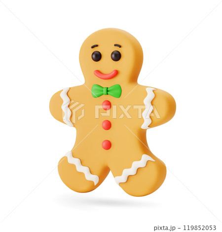 3d cartoon cute cheerful Christmas gingerbread man with green bow tie, red buttons and icing details isolated on white background. Traditional Xmas cookie. For Christmas card. 3d Vector illustration. 3d cartoon cute cheerful Christmas gingerbread man with green bow tie, red buttons and icing details isolated on white background. Traditional Xmas cookie. For Christmas card. 3d Vector illustration. 119852053