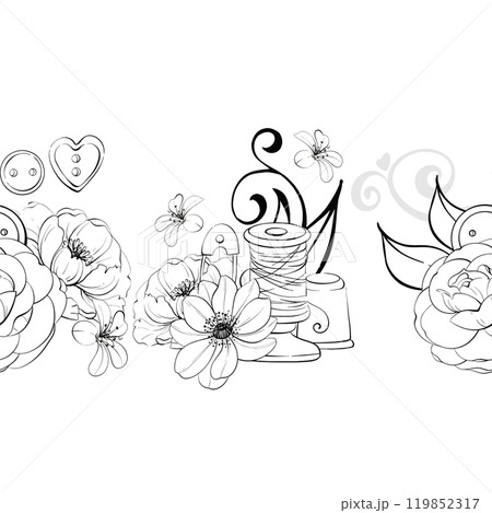 Vintage spool of thread with flower and buttons, pin and retro thimble. Sewing tools seamless background. Pattern for printing, fabric, decor. Graphic vector line, hand drawn, black silhouette 119852317