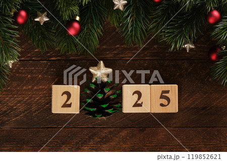 Figures 2025 New Year wooden blocks with fir branches, red Christmas tree balls and gold stars Figures 2025 New Year wooden blocks with fir branches, red Christmas tree balls and gold stars 119852621