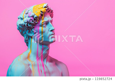 Marble classical sculpture covered with dripping colorful paint. Greek statue in paint stains. Modern art minimalist creative concept. Grunge art, creativity, imagination, party, vandalism 119852724
