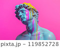 Marble classical sculpture covered with dripping colorful paint. Greek statue in paint stains. Modern art minimalist creative concept. Grunge art, creativity, imagination, party, vandalism 119852728