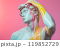 Marble classical sculpture covered with dripping colorful paint. Greek statue in paint stains. Modern art minimalist creative concept. Grunge art, creativity, imagination, party, vandalism 119852729