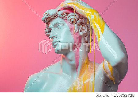Marble classical sculpture covered with dripping colorful paint. Greek statue in paint stains. Modern art minimalist creative concept. Grunge art, creativity, imagination, party, vandalism 119852729