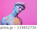 Marble classical sculpture covered with dripping colorful paint. Greek statue in paint stains. Modern art minimalist creative concept. Grunge art, creativity, imagination, party, vandalism 119852730