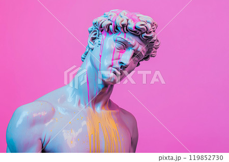 Marble classical sculpture covered with dripping colorful paint. Greek statue in paint stains. Modern art minimalist creative concept. Grunge art, creativity, imagination, party, vandalism 119852730