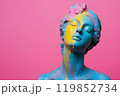 Marble classical sculpture covered with dripping colorful paint. Greek statue in paint stains. Modern art minimalist creative concept. Grunge art, creativity, imagination, party, vandalism 119852734