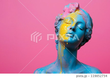 Marble classical sculpture covered with dripping colorful paint. Greek statue in paint stains. Modern art minimalist creative concept. Grunge art, creativity, imagination, party, vandalism 119852734