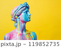 Marble classical sculpture covered with dripping colorful paint. Greek statue in paint stains. Modern art minimalist creative concept. Grunge art, creativity, imagination, party, vandalism 119852735