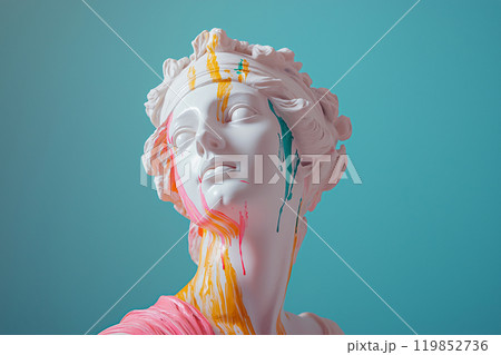Marble classical sculpture covered with dripping colorful paint. Greek statue in paint stains. Modern art minimalist creative concept. Grunge art, creativity, imagination, party, vandalism 119852736