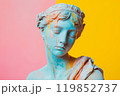 Marble classical sculpture covered with dripping colorful paint. Greek statue in paint stains. Modern art minimalist creative concept. Grunge art, creativity, imagination, party, vandalism 119852737