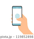 Hand holding mobile phone with fingerprint 119852898