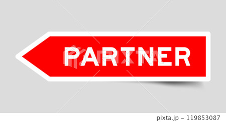 Red color arrow shape sticker label with word partner on gray background 119853087