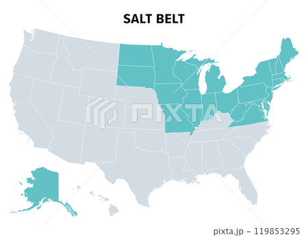 Salt Belt of the United States, political map. U.S. region in which road salt is used in winter to control snow and ice. Other states are also considered to be part, but use less corrosive substances. 119853295