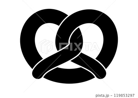 Pretzel, bretzel or also brezel symbol, black silhouette of a baked dough, commonly shaped into a knot. Traditional shape with distinctive symmetrical form with ends intertwined to form a pretzel bow. Pretzel, bretzel or also brezel symbol, black silhouette of a baked dough, commonly shaped into a knot. Traditional shape with distinctive symmetrical form with ends intertwined to form a pretzel bow. 119853297