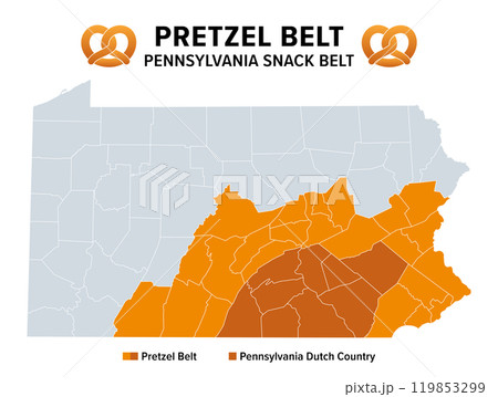 Pretzel Belt, or Pennsylvania Snack Belt, political map. Cultural region in the U.S. state of Pennsylvania, where about 80 percent of all pretzels consumed in the United States are manufactured. 119853299