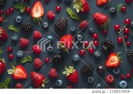 Fruits and berries background. Blueberries, blackberries, raspberries and strawberries. Summer dessert, healthy snack, fruit diet Fruits and berries background. Blueberries, blackberries, raspberries and strawberries. Summer dessert, healthy snack, fruit diet 119853404