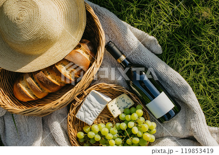 Top view of a picnic basket with cheese, French bread, bottle of wine and grapes. A sunhat and light blanket on the grass, romantic date, outdoors picnic, still life. Leisure, summer family weekend Top view of a picnic basket with cheese, French bread, bottle of wine and grapes. A sunhat and light blanket on the grass, romantic date, outdoors picnic, still life. Leisure, summer family weekend 119853419