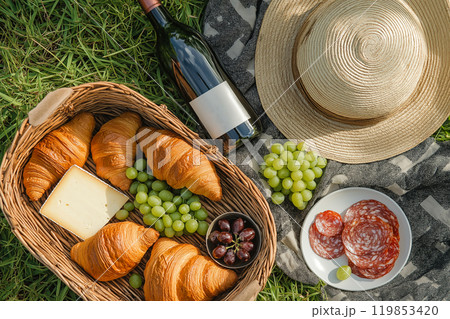 Top view of a picnic basket with cheese, French croissants, bottle of wine and grapes. A sunhat and light blanket on the grass, romantic date, outdoors picnic, still life. Leisure, family weekend Top view of a picnic basket with cheese, French croissants, bottle of wine and grapes. A sunhat and light blanket on the grass, romantic date, outdoors picnic, still life. Leisure, family weekend 119853420