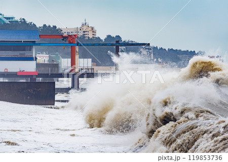 High sea waves at stormy weather. High sea waves at stormy weather. 119853736