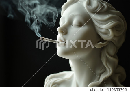 Classic Greek statue smoking. Modern minimal art concept. Addiction. Relaxed Greek goddess statue smoking a cigarette. Marijuana, legalization of cannabis 119853766