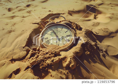 Alarm clock half buried in sand, clock is drowning in the desert sands. Time is passing out, lifetime is ending, running out concept. Flow of time, passing countdown 119853796