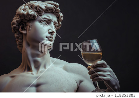 Classic Greek David statue holding a glass of wine. Party, celebration, traditions and wine culture. Modern minimal art concept. Alcoholism, addiction. 119853803
