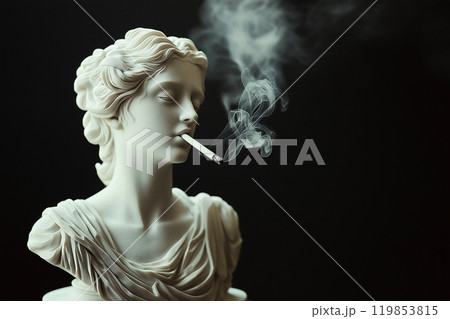 Classic Greek statue smoking. Modern minimal art concept. Smoking addiction. Relaxed Greek goddess statue smoking a cigarette. Marijuana, legalization of cannabis Classic Greek statue smoking. Modern minimal art concept. Smoking addiction. Relaxed Greek goddess statue smoking a cigarette. Marijuana, legalization of cannabis 119853815