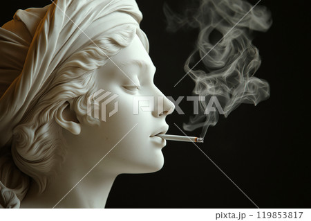 Classic Greek statue smoking. Modern minimal art concept. Smoking addiction. Relaxed Greek goddess statue smoking a cigarette. Marijuana, legalization of cannabis 119853817