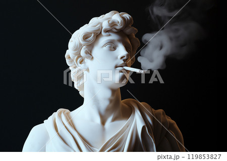 Classic Greek statue smoking. Modern minimal art concept. Smoking addiction. Relaxed Greek god statue smoking a cigarette. Marijuana, legalization of cannabis 119853827