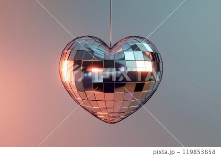 Heart shaped disco ball. Valentine's Day, love symbol and romantic exclusive relationships concept. Party decorations and dancing in nightclub theme. Heart-shaped discoball hanging from the ceiling 119853858